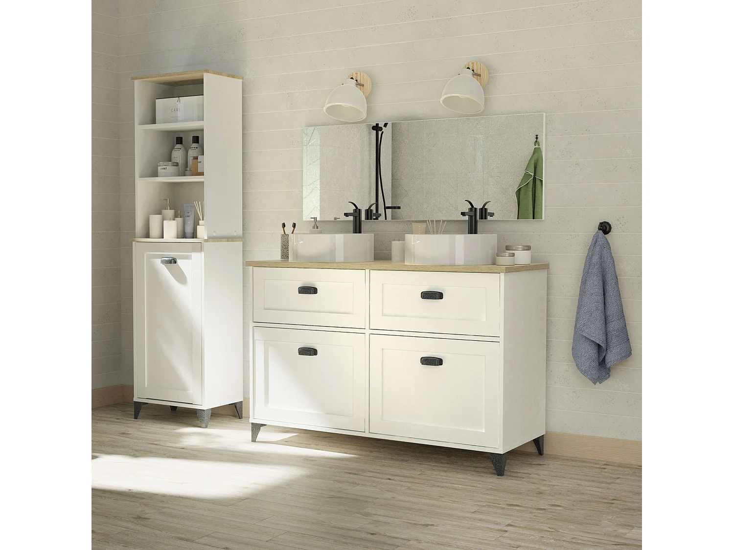 Mueble de Baño Doble Toscana 2 Puertas, Sin Lavabo, 120 cm, Blanco/Roble