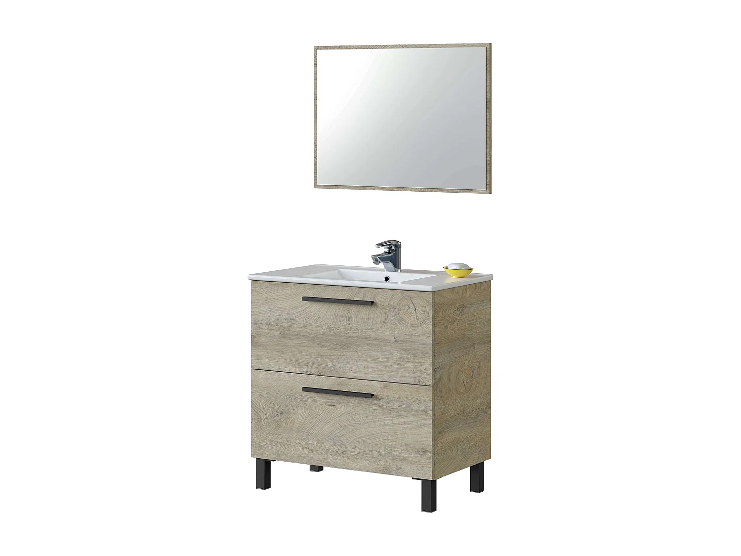 Mueble Baño Nubis Natural Roble Alaska 3 Cajones Espejo 80x86x45 cm