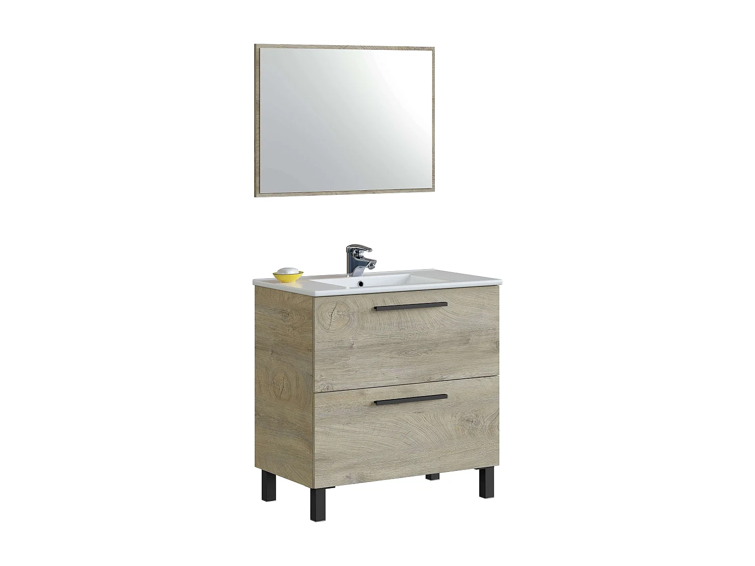 Mueble Baño Nubis Natural Roble Alaska 3 Cajones Espejo 80x86x45 cm