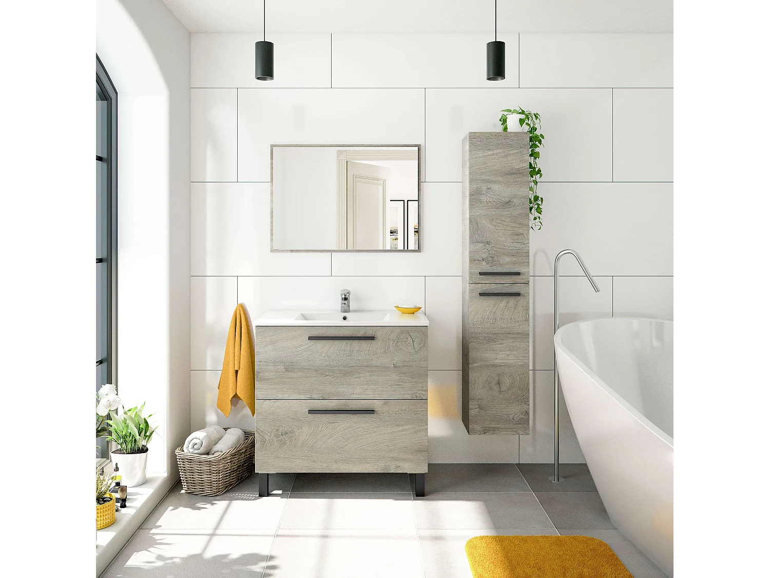 Mueble Baño Nubis Natural Roble Alaska 3 Cajones Espejo 80x86x45 cm