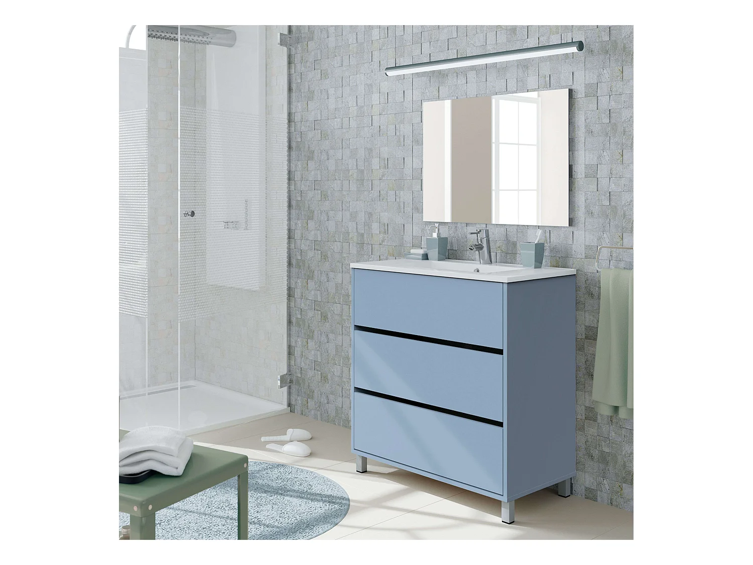 Mueble Baño 82 cm Kalma c/Patas y Espejo (Sin Lavabo) Azul Talco