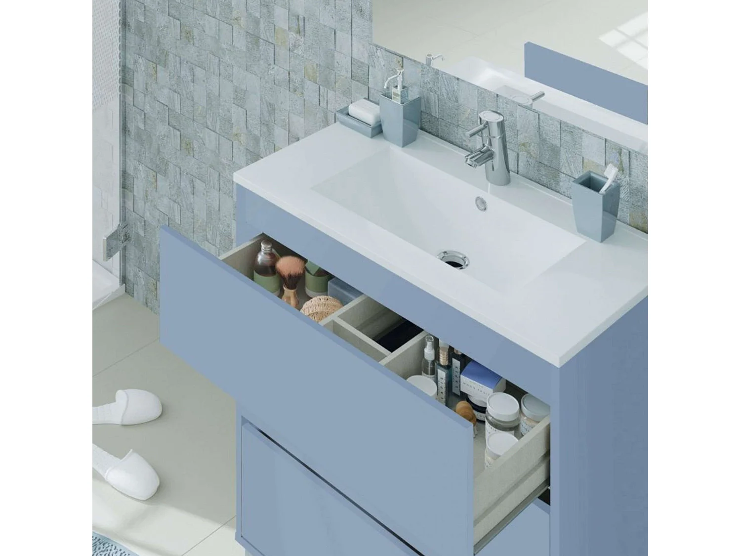 Mueble Baño 82 cm Kalma c/Patas y Espejo (Sin Lavabo) Azul Talco