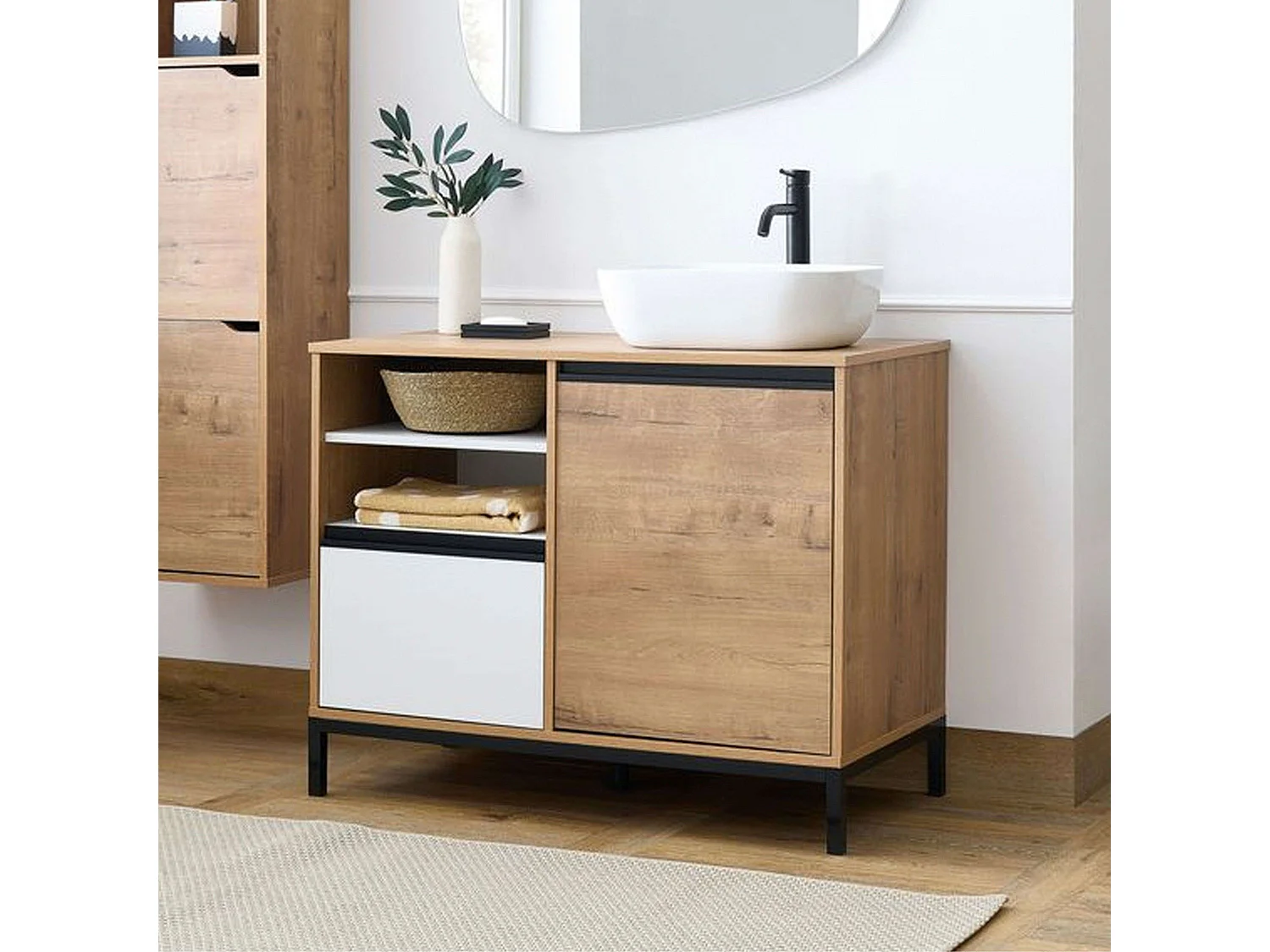 Móveis de banheiro com pés e pia em carvalho Tamisa e branco 100 cm