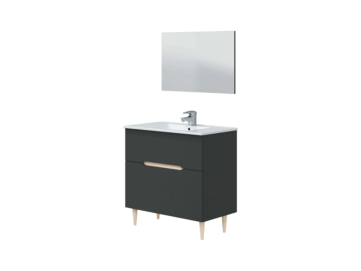 Mueble baño c/espejo y lavabo cerámico Lotto Gris antracita y roble 80x45x80 cm