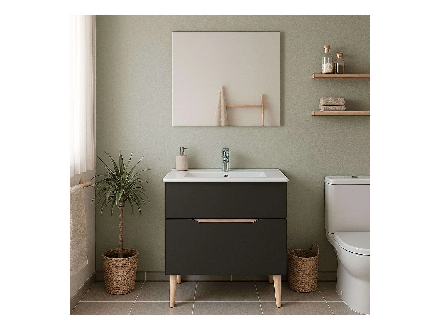 Mueble baño c/espejo y lavabo cerámico Lotto Gris antracita y roble 80x45x80 cm