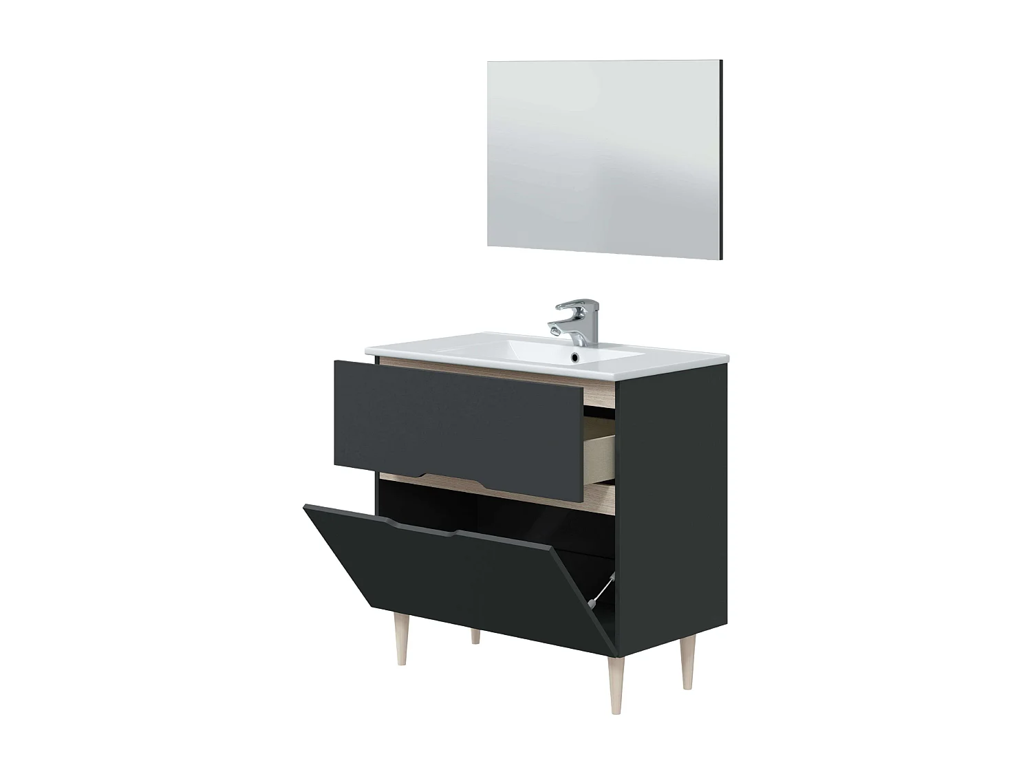 Mueble baño c/espejo y lavabo cerámico Lotto Gris antracita y roble 80x45x80 cm