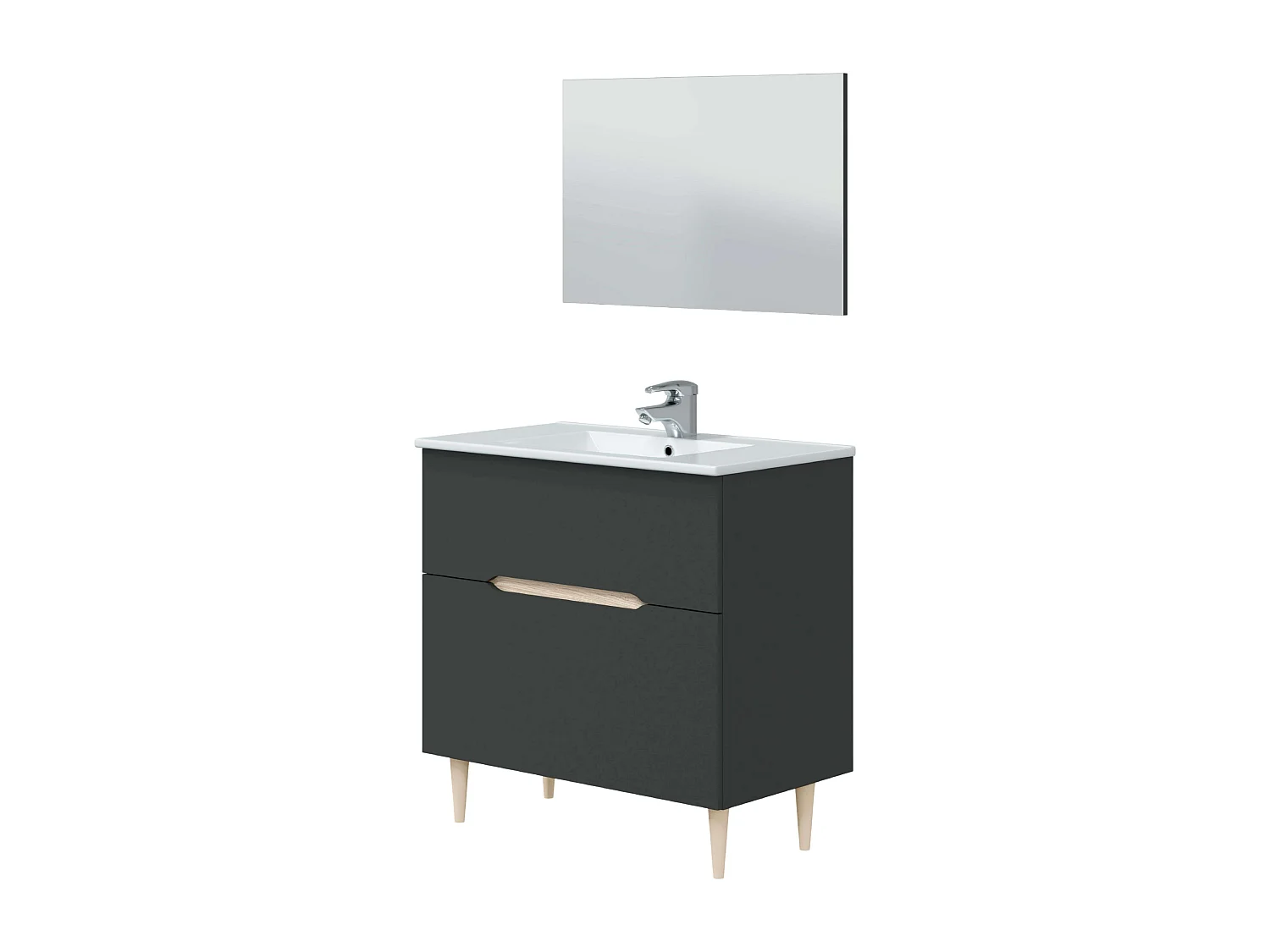 Mueble baño c/espejo y lavabo cerámico Lotto Gris antracita y roble 80x45x80 cm