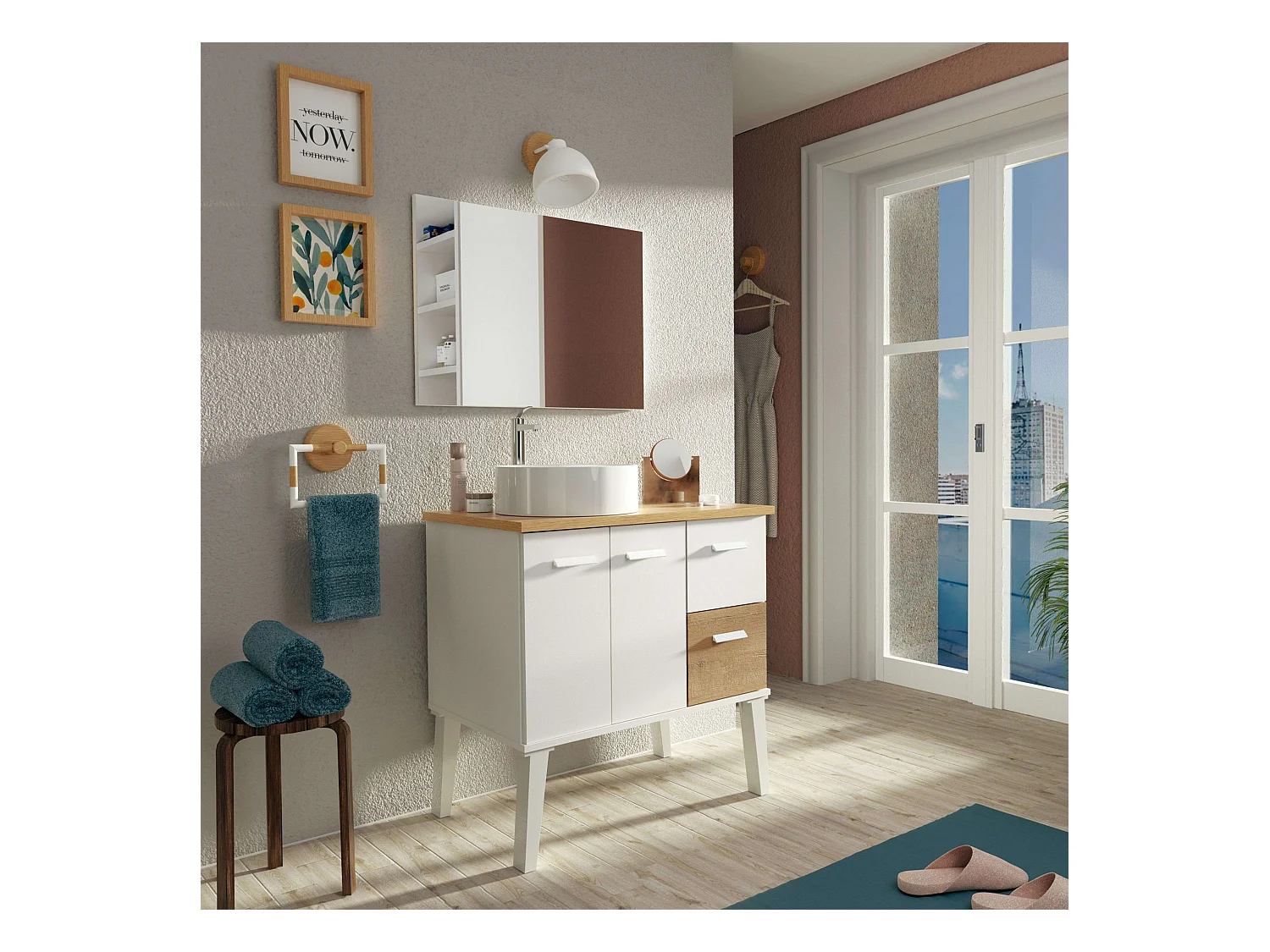 Mueble Baño Aqua Nórdico Blanco/Roble Gold 2 Puertas y Cajones 82x92x50 cm