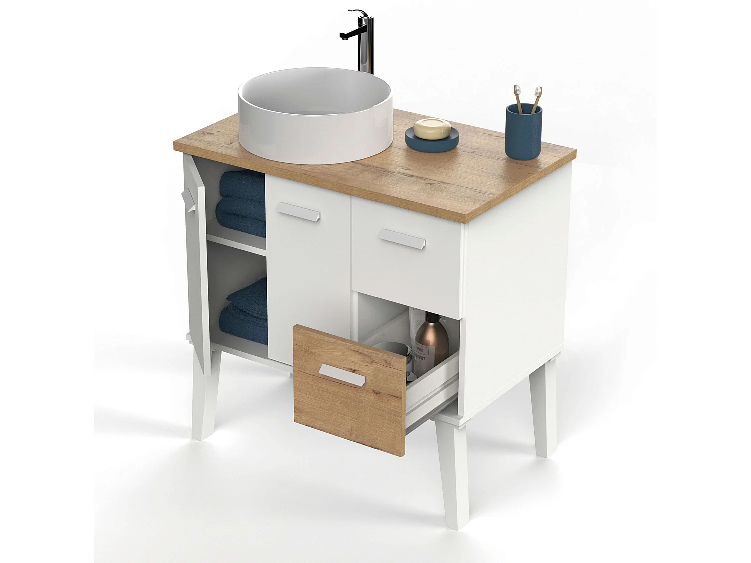 Mueble Baño Aqua Nórdico Blanco/Roble Gold 2 Puertas y Cajones 82x92x50 cm