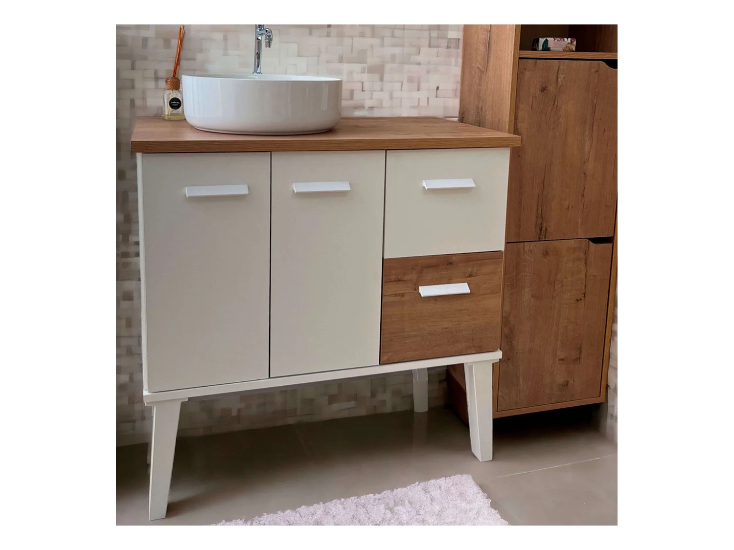 Meuble de salle de bain Aqua Nordic Blanc/Chêne 2 portes 2 tiroirs 82x92x50 cm