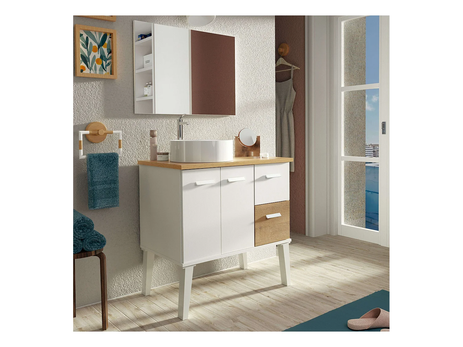 Meuble de salle de bain Aqua Nordic Blanc/Chêne 2 portes 2 tiroirs 82x92x50 cm