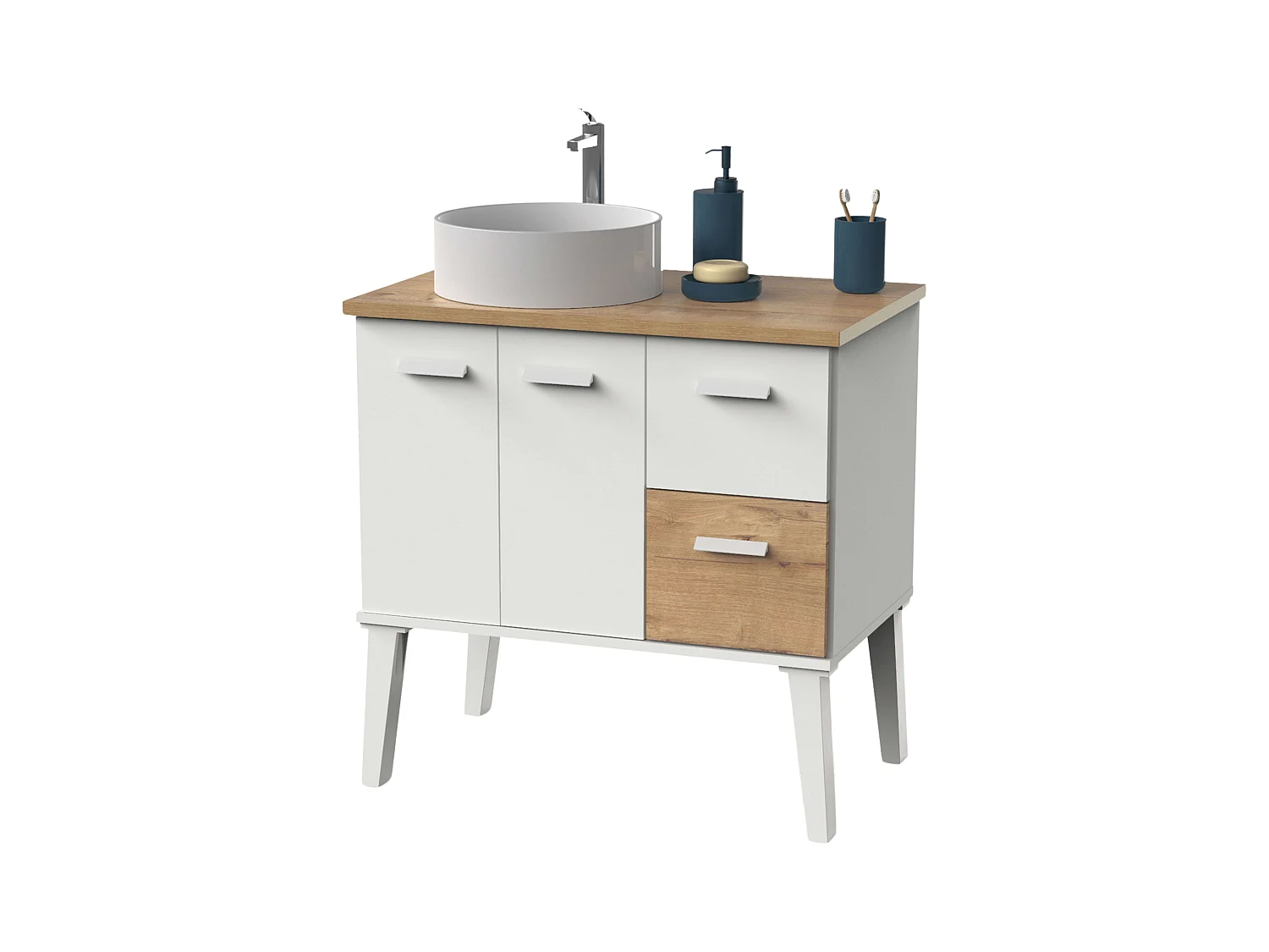 Meuble de salle de bain Aqua Nordic Blanc/Chêne 2 portes 2 tiroirs 82x92x50 cm