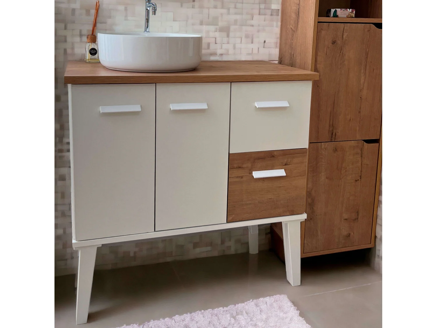 Mueble Baño Aqua Nórdico Blanco/Roble 2 Puertas 2 Cajones 82x92x50 cm