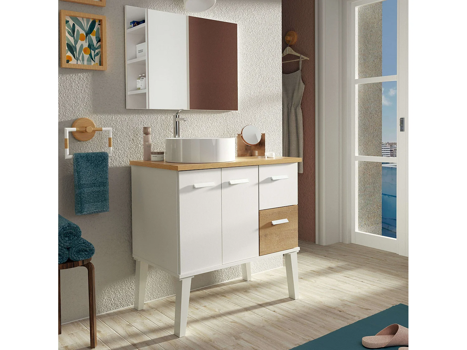 Mueble Baño Aqua Nórdico Blanco/Roble 2 Puertas 2 Cajones 82x92x50 cm