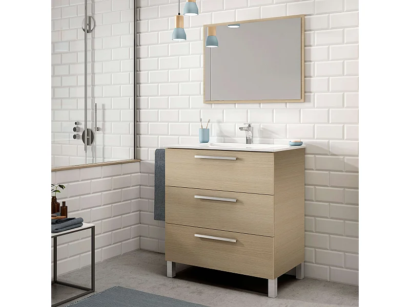 Mueble Baño Taria Natural Roble 3 Cajones Patas Espejo 80x86x45 cm