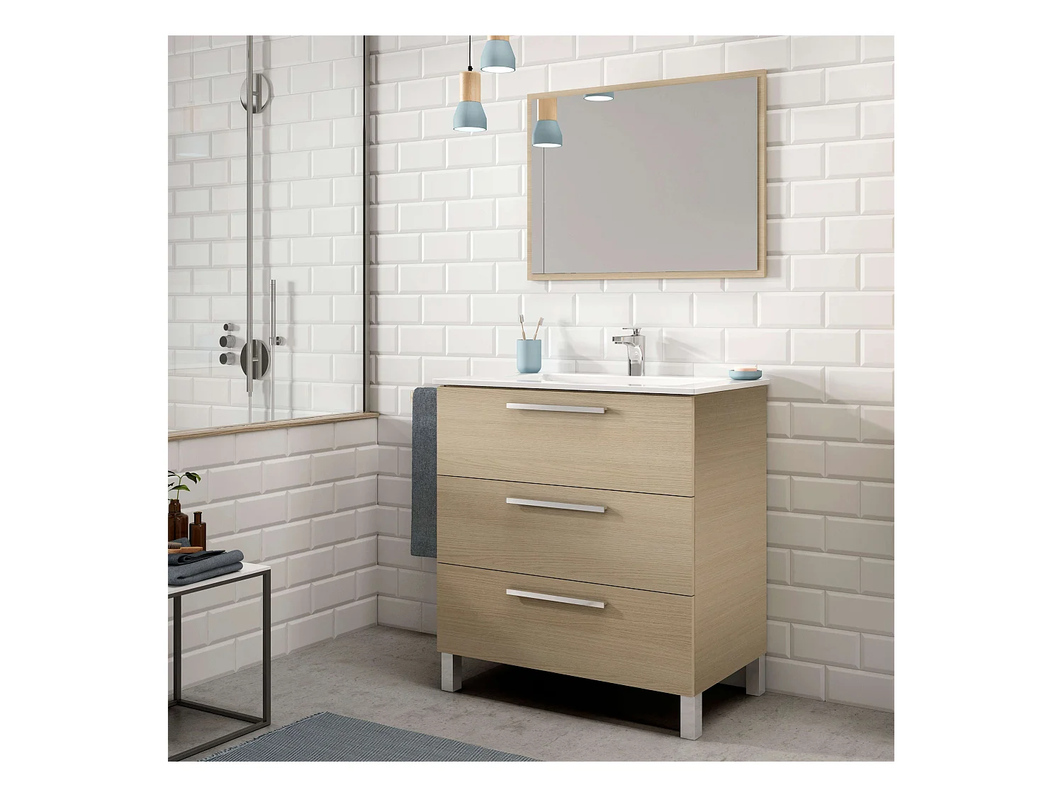 Mueble Baño Taria Natural Roble 3 Cajones Patas Espejo 80x86x45 cm