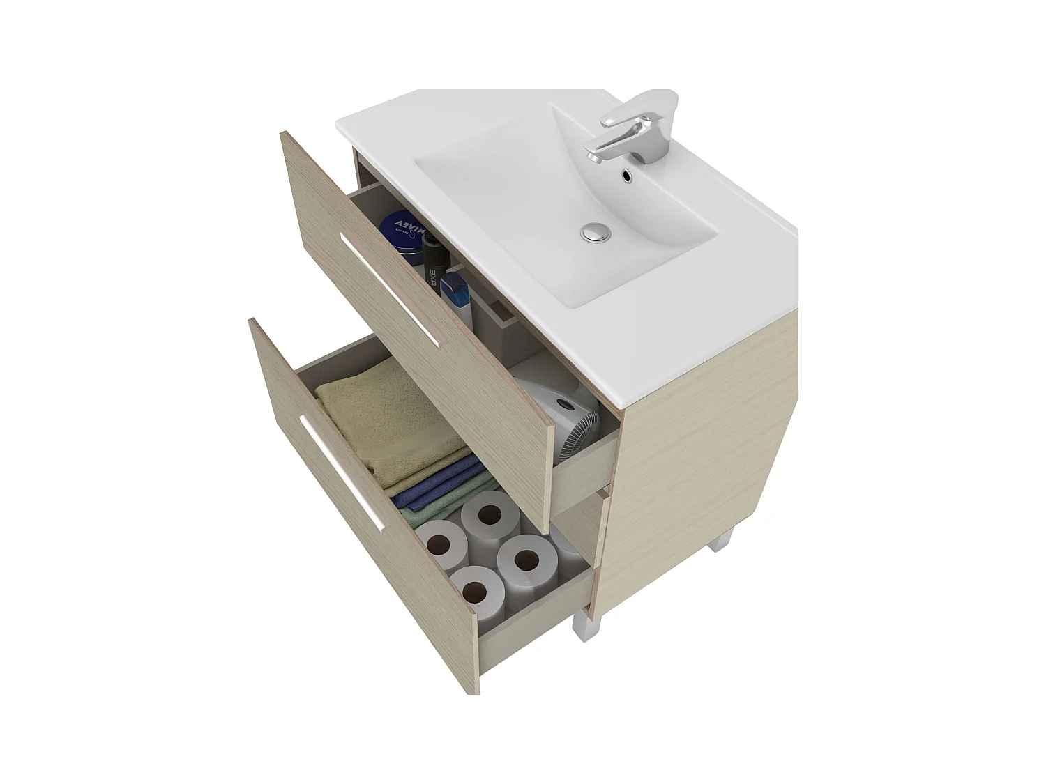 Mueble Baño Taria Natural Roble 3 Cajones Patas Espejo 80x86x45 cm