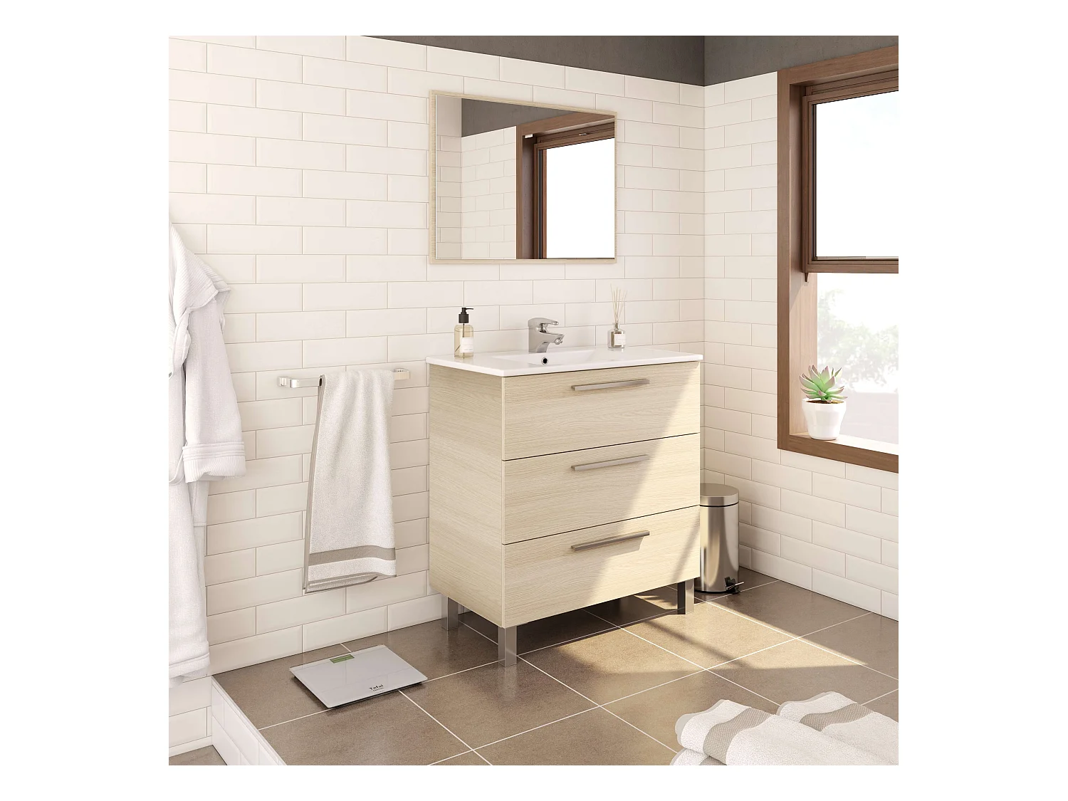 Mueble Baño Taria Natural Roble 3 Cajones Patas Espejo 80x86x45 cm