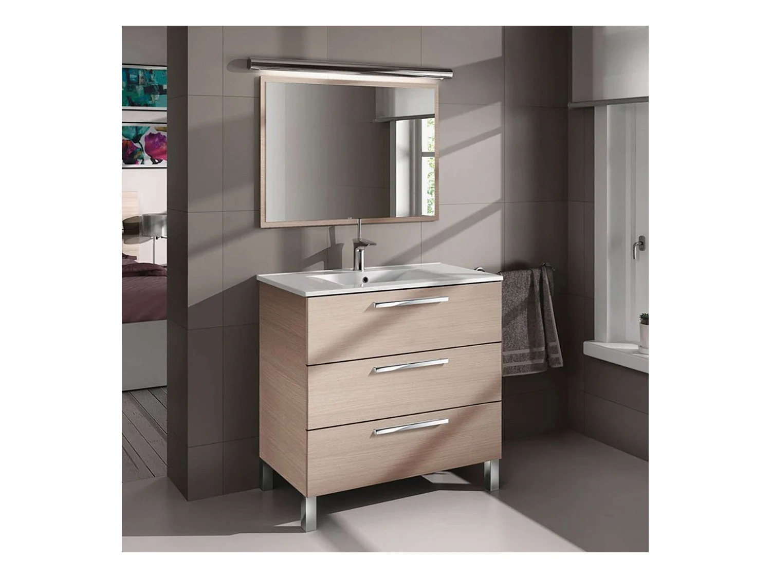 Mueble Baño Taria Natural Roble 3 Cajones Patas Espejo 80x86x45 cm