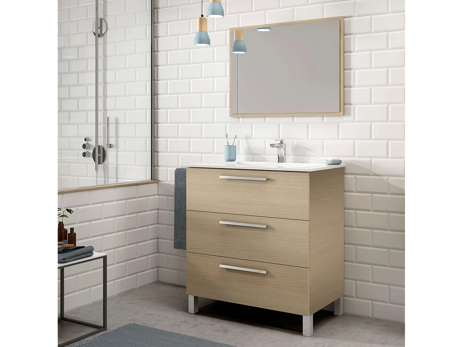 Mueble Baño Taria Natural Roble 3 Cajones Patas Espejo 80x86x45 cm