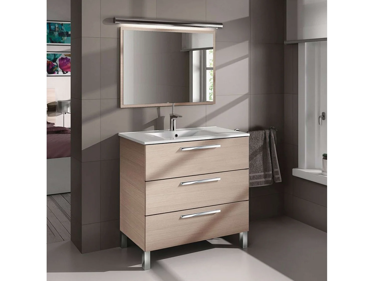 Mueble Baño Taria Natural Roble 3 Cajones Patas Espejo 80x86x45 cm