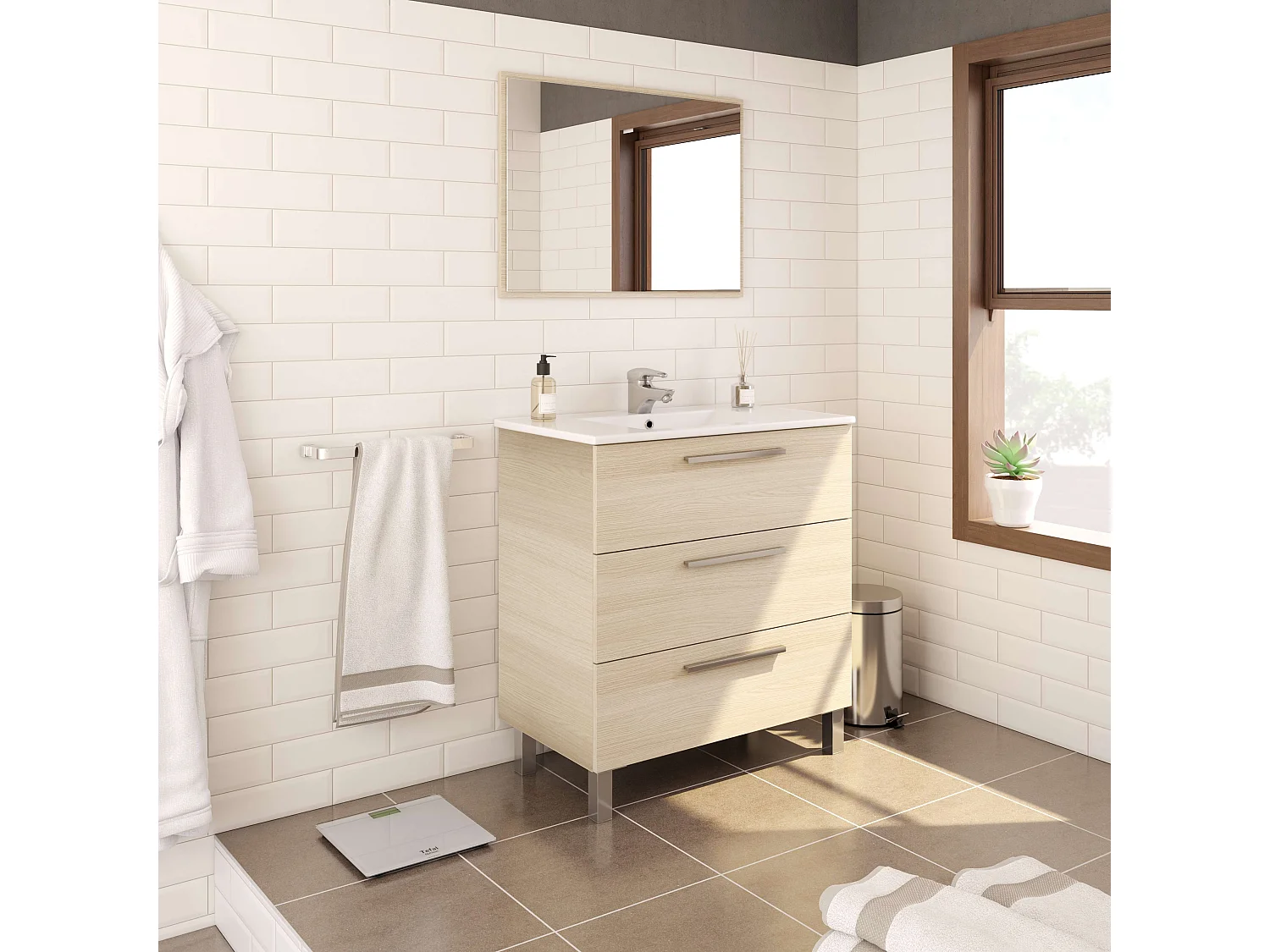 Mueble Baño Taria Natural Roble 3 Cajones Patas Espejo 80x86x45 cm