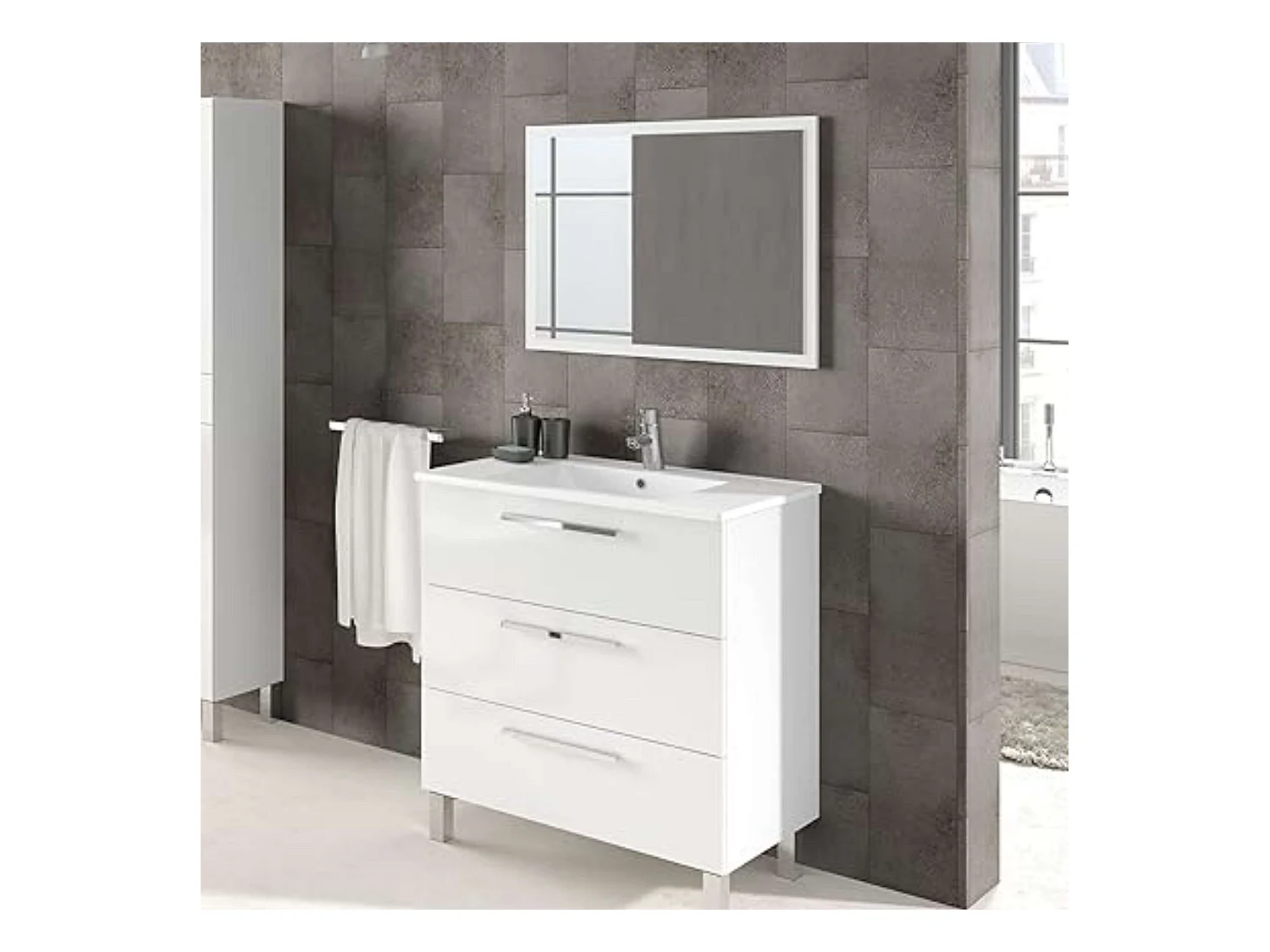 Mueble Baño Taria Contemporáneo Blanco Brillo Espejo 3 Cajones 80x86x45 cm