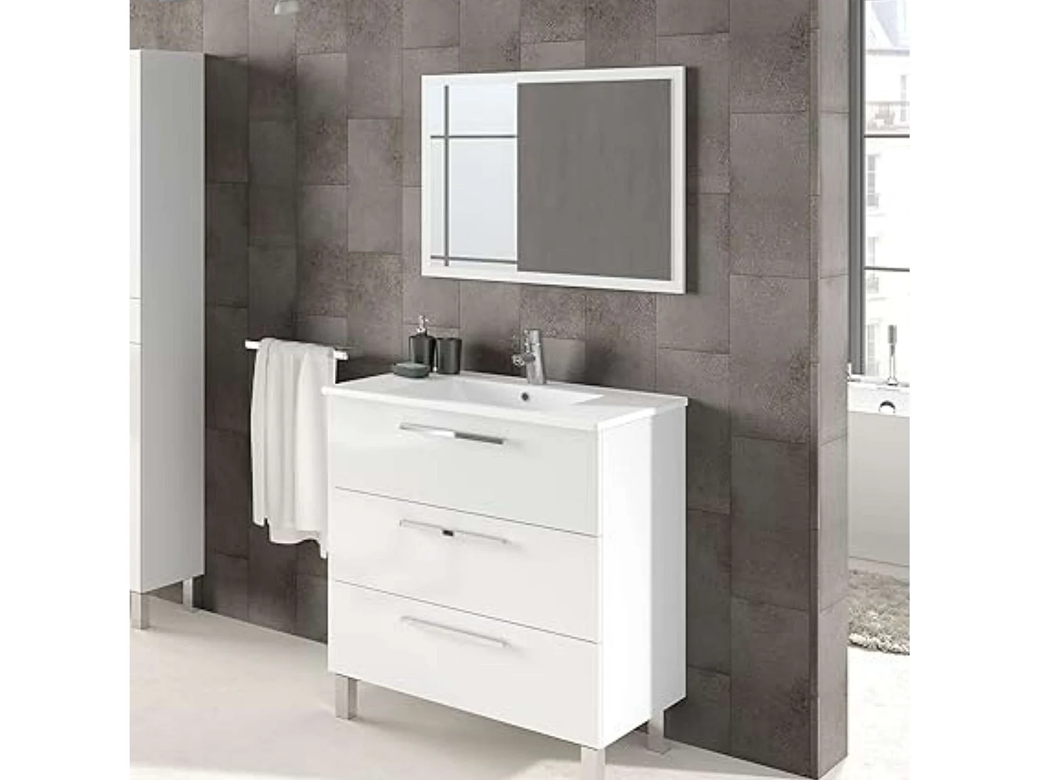 Mueble Baño Taria Contemporáneo Blanco Brillo Espejo 3 Cajones 80x86x45 cm
