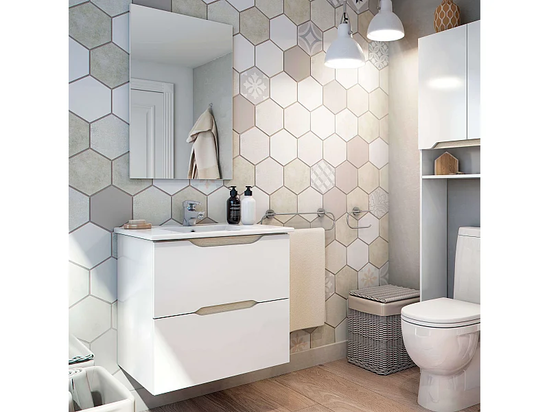 Mueble Baño 60cm Curvas 2 Cajones con Lavabo Blanco Brillo y Roble