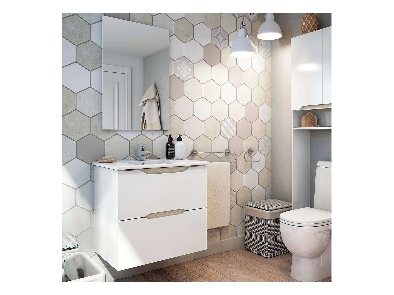 Mueble Baño 60cm Curvas 2 Cajones con Lavabo Blanco Brillo y Roble