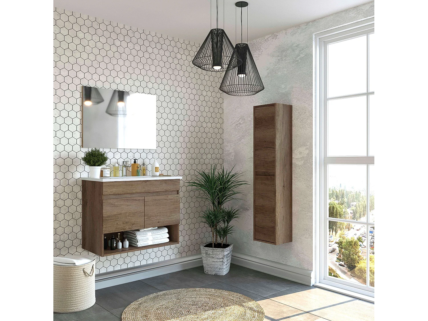 Mueble Baño Roble Nordik 2 Puertas 1 Hueco 80x64x45 cm (Lavabo Cerámico)