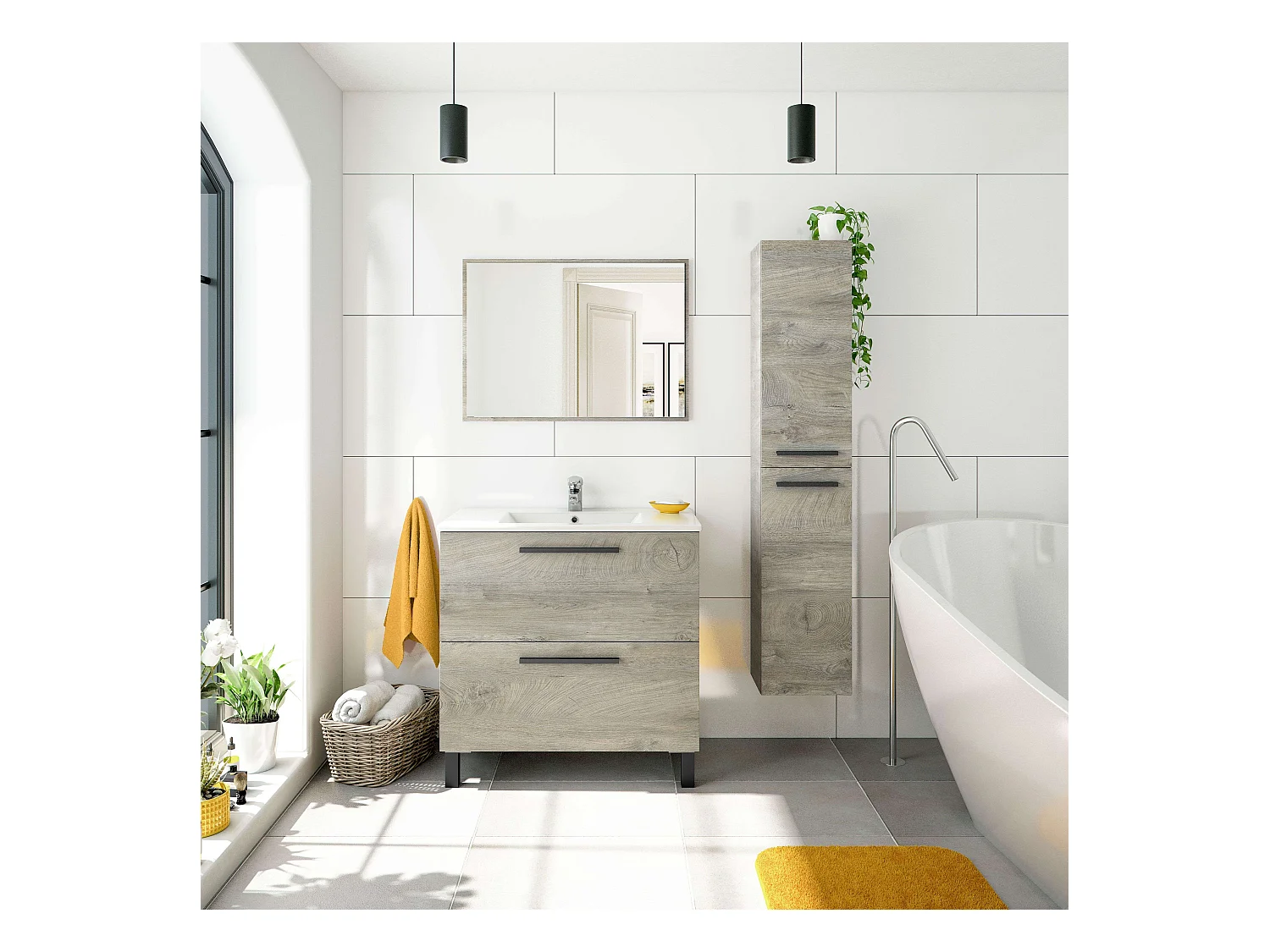 Mueble Baño Athenea Natural Roble Alaska c/Espejo y Lavabo 80x80x45cm