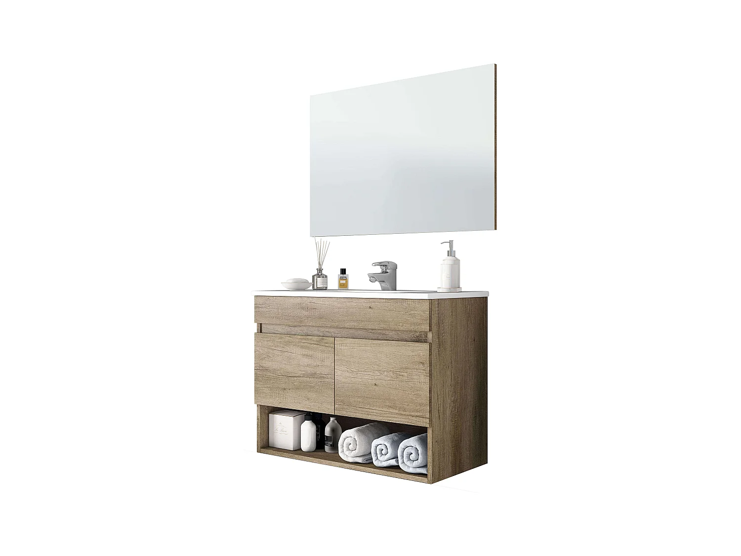 Baño Estilo Natural Roble Nordik 1 Hueco 2 Puertas 80x64x45 cm (Lavabo PMMA)