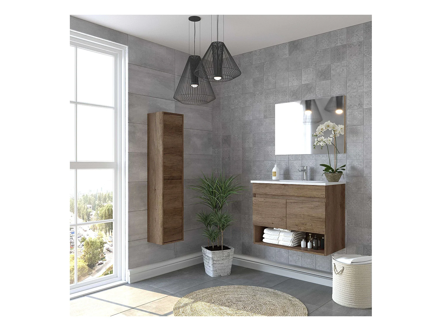 Baño Estilo Natural Roble Nordik 1 Hueco 2 Puertas 80x64x45 cm (Lavabo PMMA)