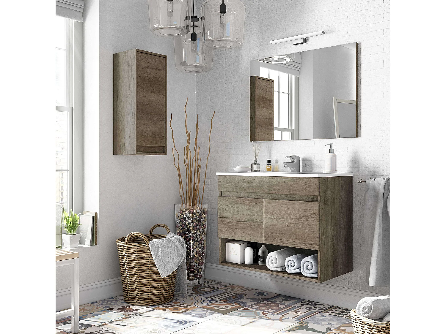 Baño Estilo Natural Roble Nordik 1 Hueco 2 Puertas 80x64x45 cm (Lavabo PMMA)