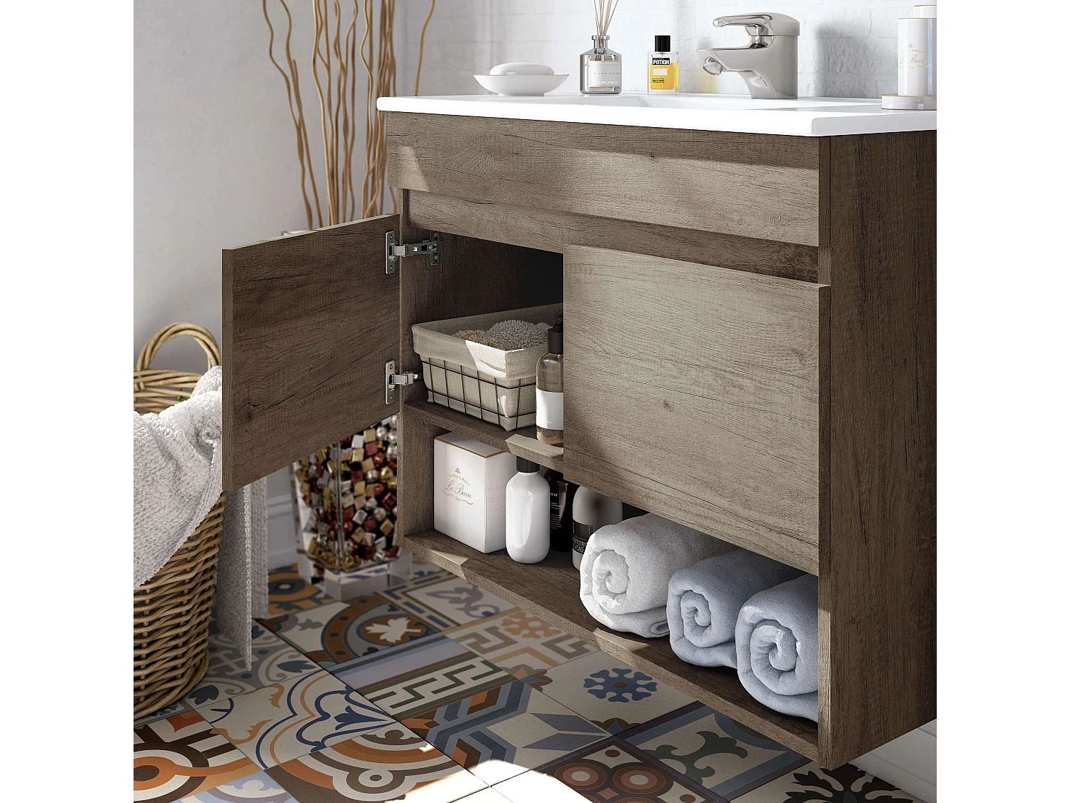 Baño Estilo Natural Roble Nordik 1 Hueco 2 Puertas 80x64x45 cm (Lavabo PMMA)