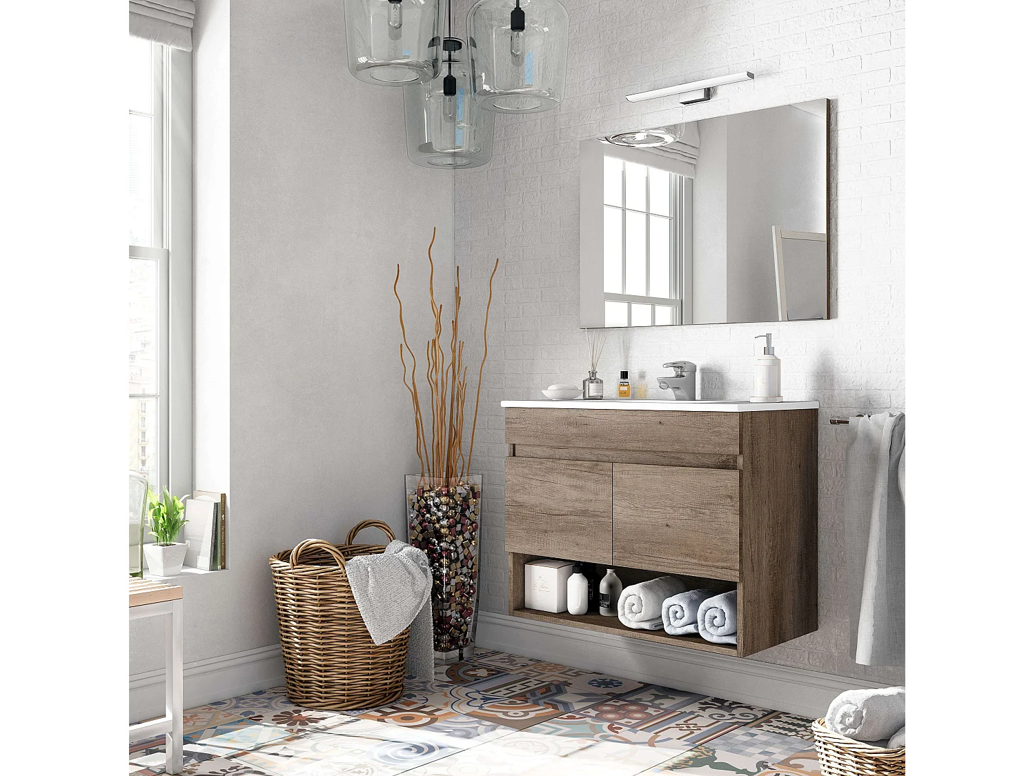 Baño Estilo Natural Roble Nordik 1 Hueco 2 Puertas 80x64x45 cm (Lavabo PMMA)