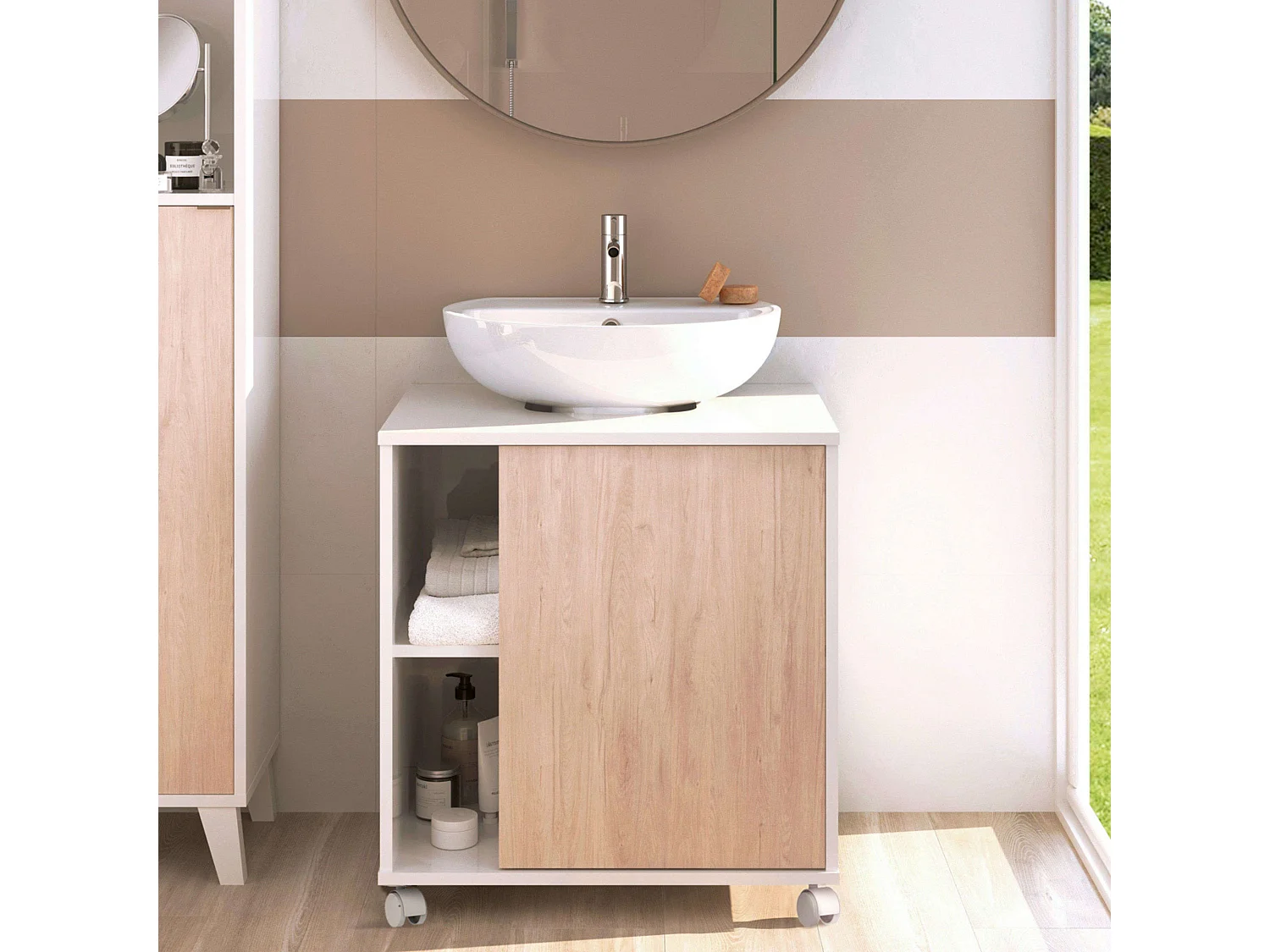 Meuble de salle de bain à roulettes pour lavabo sur colonne Sinna 59 cm