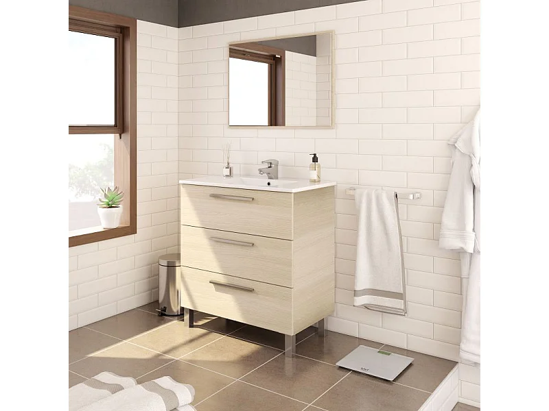 Móvel de casa de banho Athena 80 3 gavetas + espelho Roble