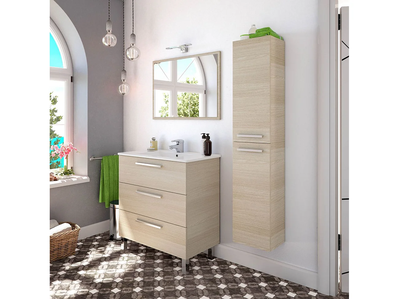 Móvel de casa de banho Athena 80 3 gavetas + espelho Carvalho