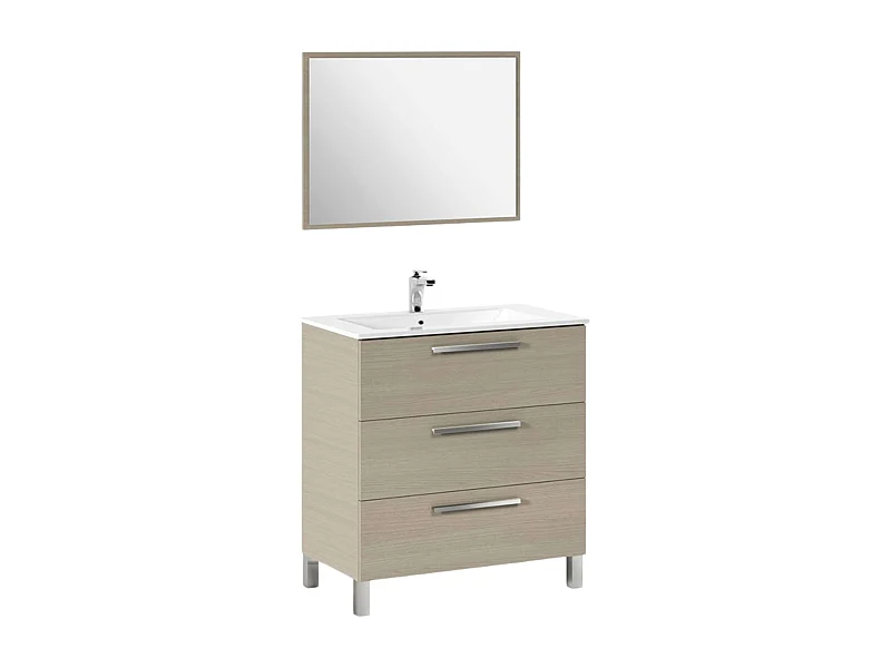 Mueble Baño Taria Roble Claro 3 Cajones Patas Espejo 80x86x45 cm (Sin Lavabo)
