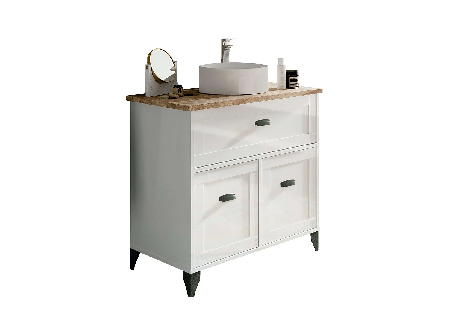 Meuble de salle de bain Siena de style nordique, blanc et chêne, 1 tiroir, 2 portes (sans lavabo)