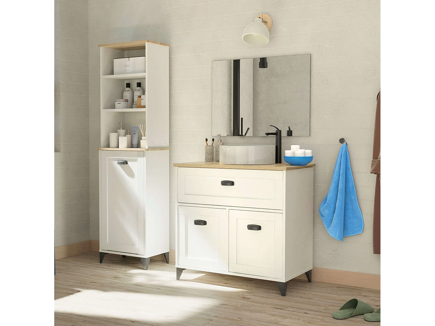 Mueble Baño Siena Estilo Nórdico Blanco y Roble 1 Cajón 2 Puertas (Sin Lavabo)