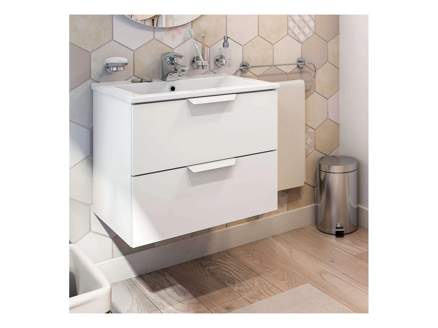 Mueble Baño Suspendido Contemporáneo Blanco 60cm (Lavabo Cerámico)
