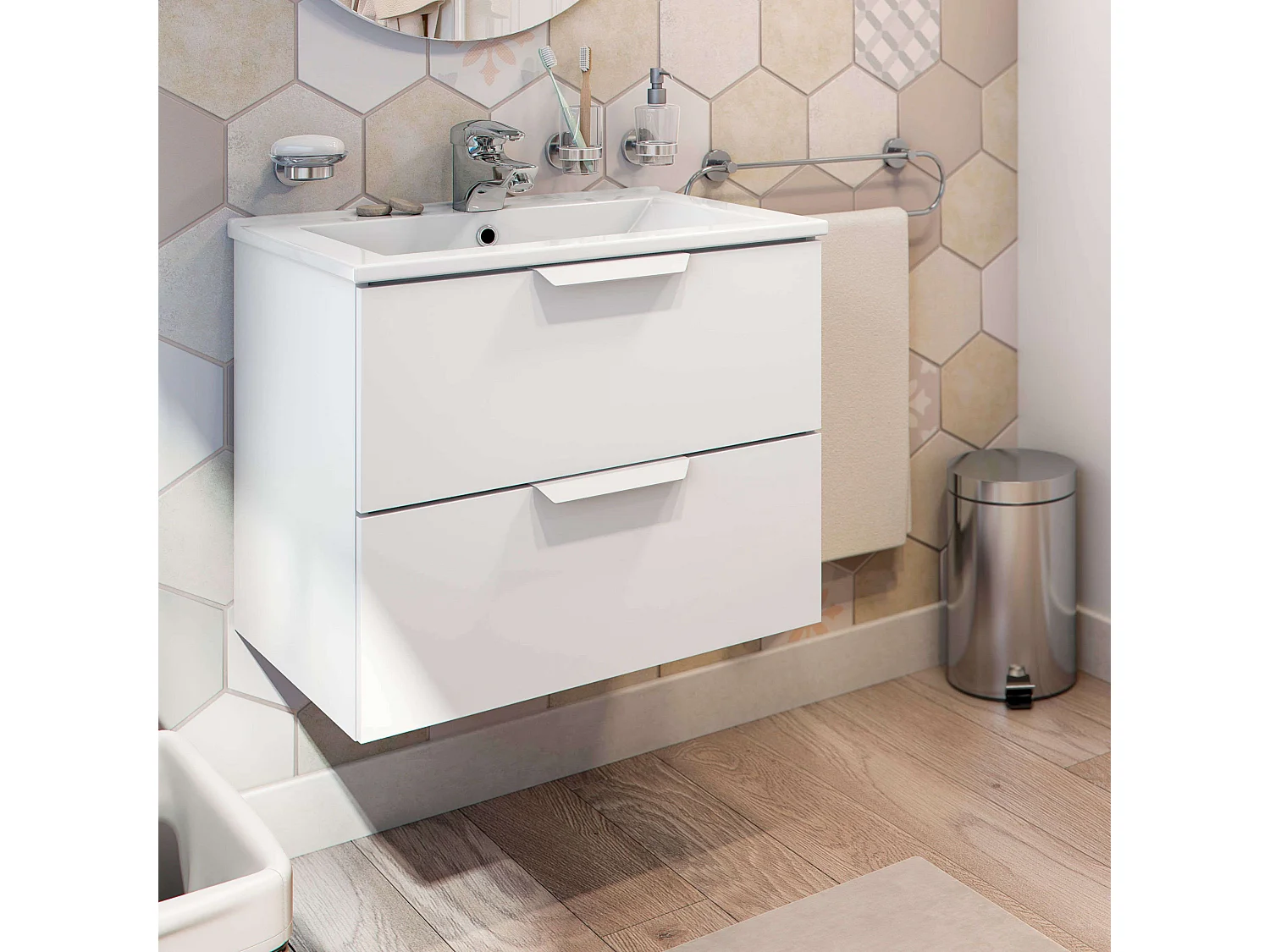 Mueble Baño Suspendido Contemporáneo Blanco 60cm (Lavabo Cerámico)