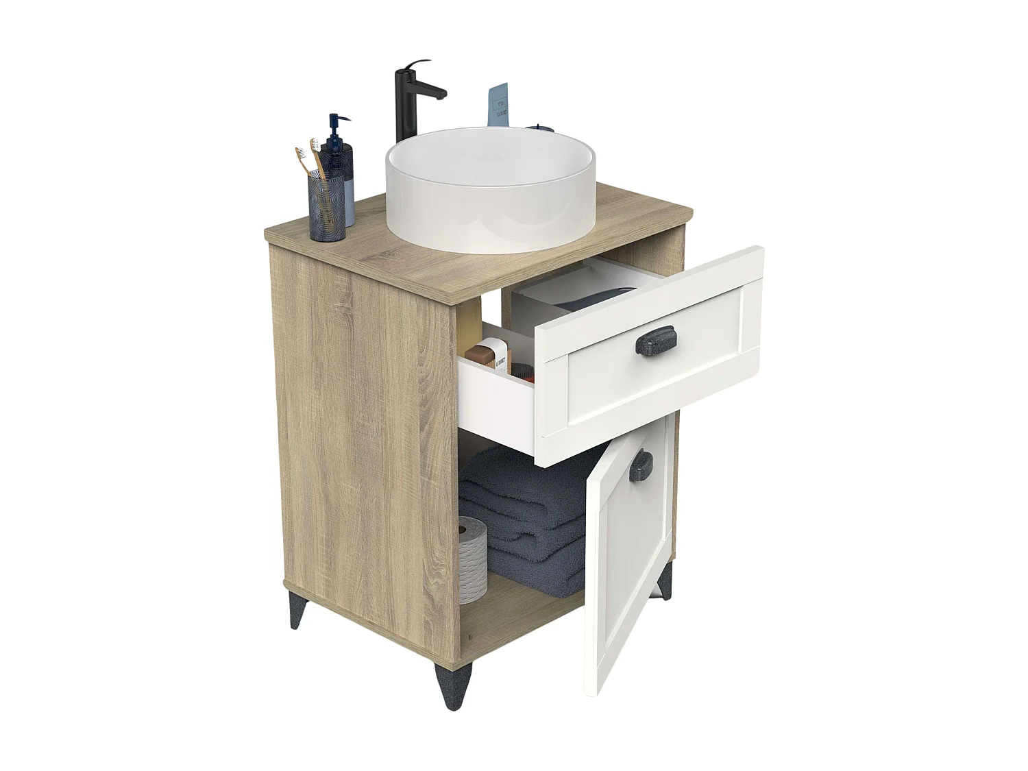 Mueble Baño 60 cm Toscana 2 Cajones Nórdico Blanco y Roble Cambrian