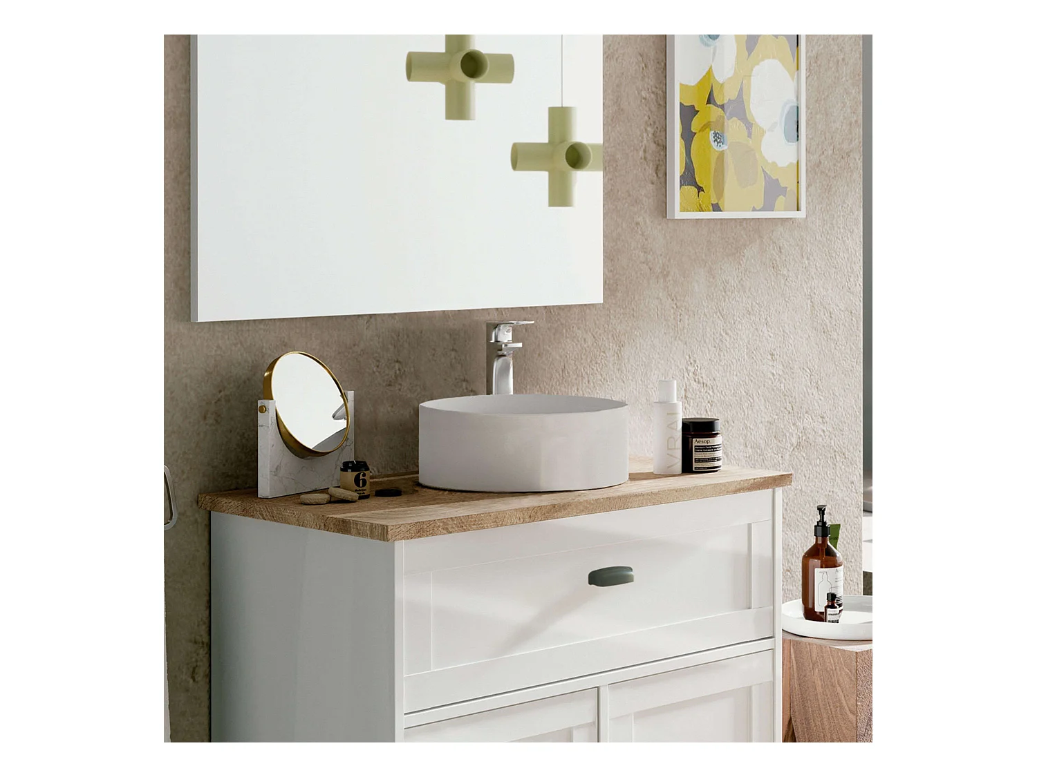 Meuble de salle de bain Sella Nordic en chêne cambrien blanc avec 2 portes coulissantes, 81 x 94 x 50 cm