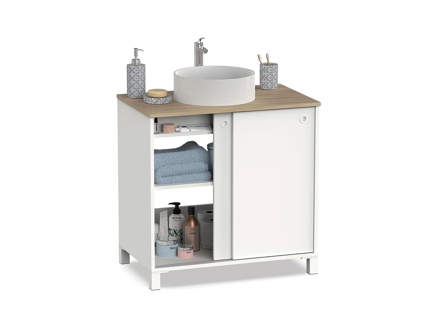 Meuble de salle de bain Sella Nordic en chêne cambrien blanc avec 2 portes coulissantes, 81 x 94 x 50 cm