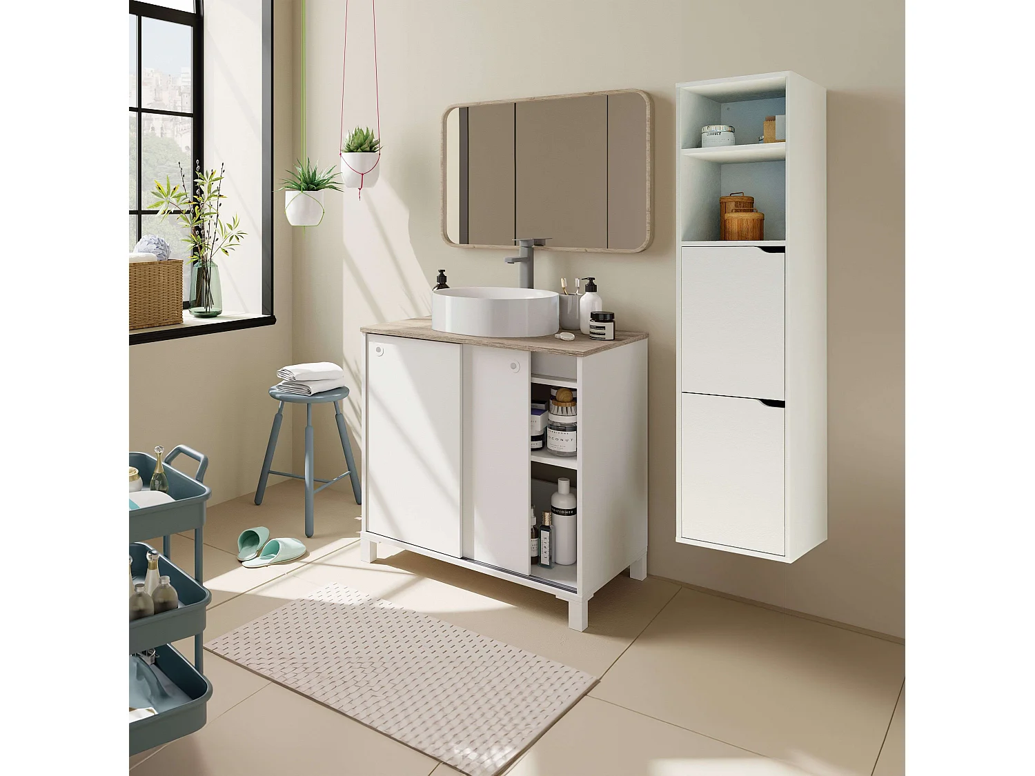 Móveis de banheiro Sella Nordic em carvalho branco Cambriano com 2 portas de correr, 81 x 94 x 50 cm