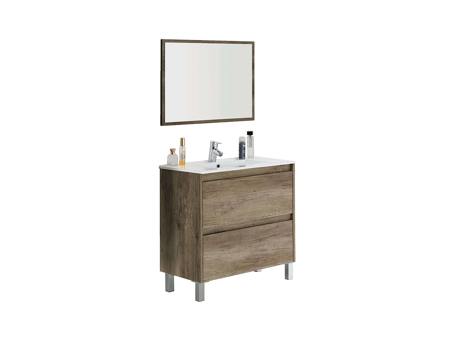 Mueble Baño Zenda Natural Roble Nordik con Espejo y 2 Cajones 80x80x45 cm